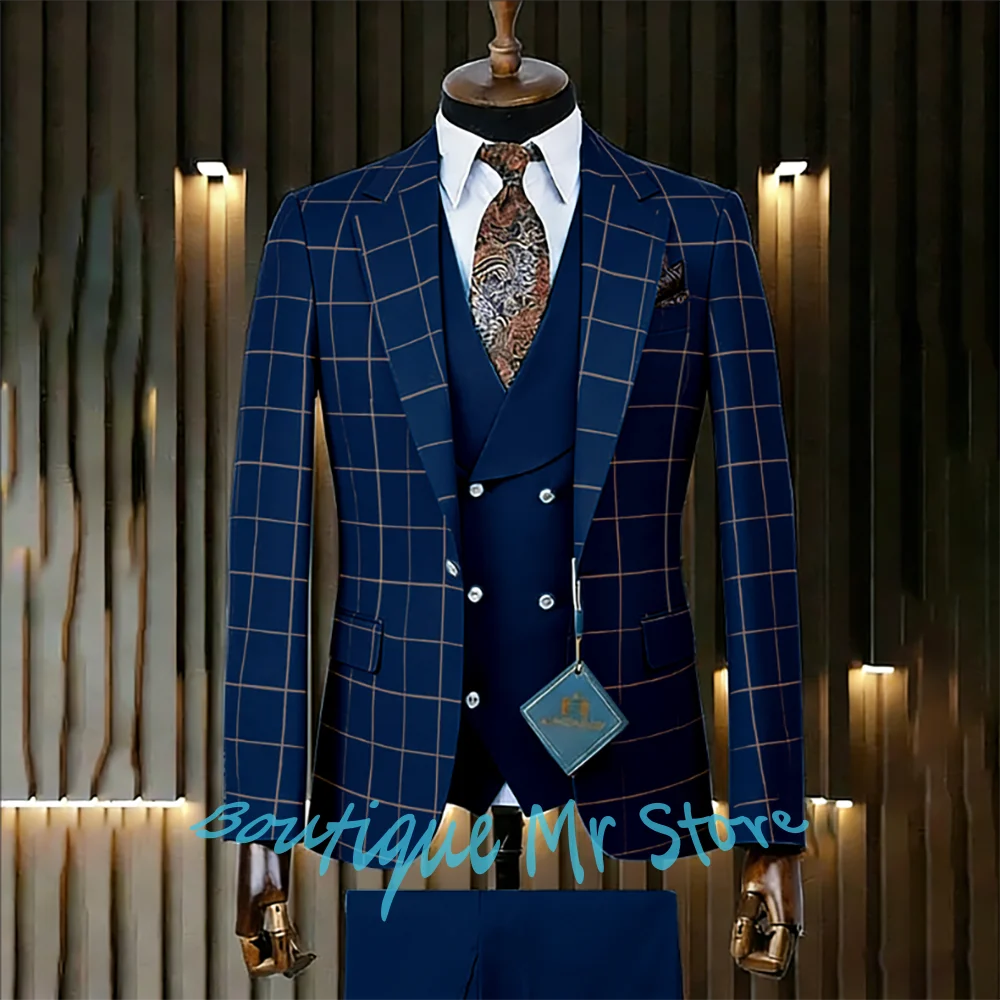 Navy Blue Plaid 3-Piece Men's Suits and Separates Single Breasted Blazer+Vest+Pants 3 Pieces Set Formal Business Wedding Tuxedo