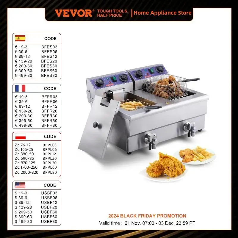 VEVOR Electric Deep Fryer w/Dual Removable Tanks 24L 3000W Commercial Countertop Fryer for Chicken French Fries Frying Chips