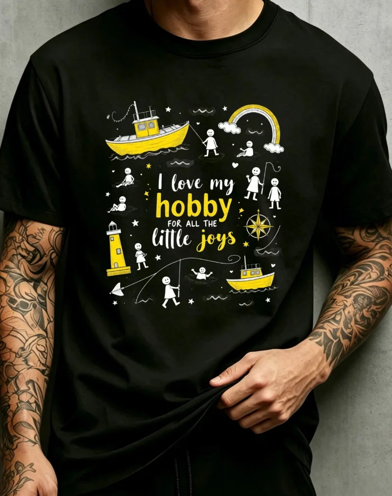 Nautical Theme with Fishing Boats Rainbow I Love My Hobby All The Little Joys Mens Crew Neck T Shirt Loose Fit Comfortable Suit