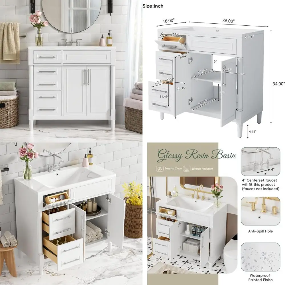 

36-inch vintage-style bathroom vanity with sink, storage cabinet, 2 drawers, and adjustable tip-out tray