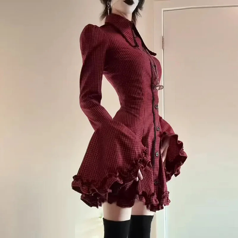 Japanese Elegant Gothic Retro Mini Dress Women Flare Bell Sleeves Single-breasted Plaid Dress Y2K 2000s Aesthetic Shirt Dresses