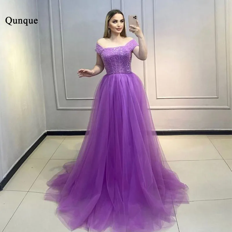 

Qunque Sparkly Beaded Purple A-line Long Prom Dress Plus Size Tulle Vestidos De Noche Elegant Customized Party Dress For Women