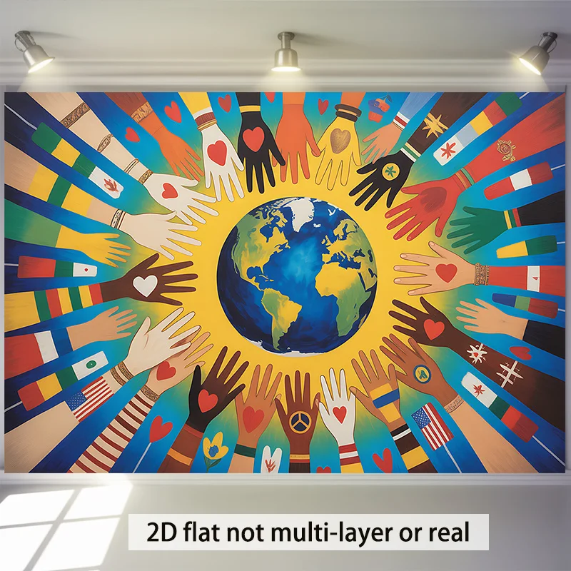 Tapisserie murale Globe Terrestre Unity Diversity, motif mains et symbole de paix multicolore, pour la maison, le bureau, les fêtes, décoration toutes saisons