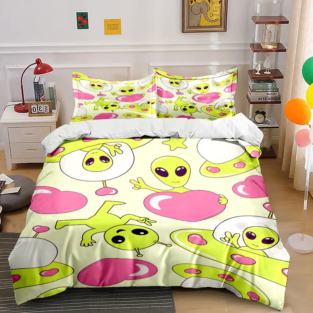 Aliens and Heart Spaceships Patterns Printed Duvet Cover Set 1 Duvet Cover+2 Pillowcase Multi Size Bedroom Bedding Decor