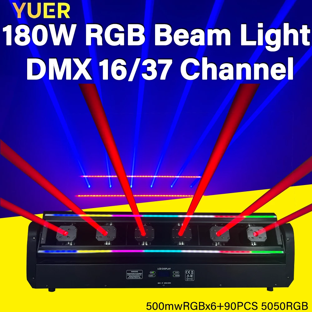 180W RGB Moving Head Light DMX512 0-230° 0-140° 16/37 Channel Control Sound Activated 500mW x 6 5050 RGB for Stage Party Indoor