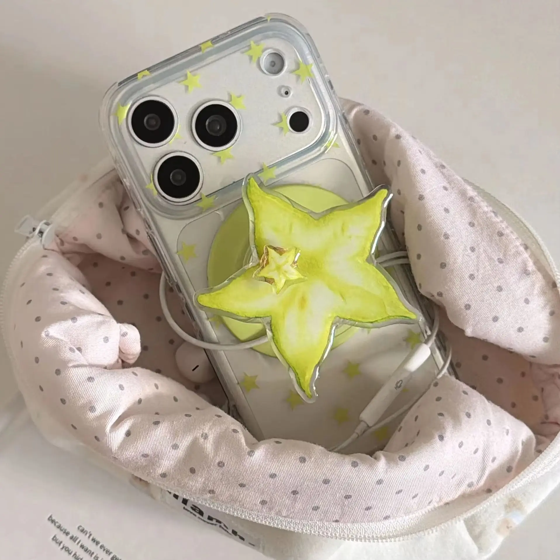 

Simple Creative Green star Pattern Transparent Protective Cover Case For iPhone 17 16 15 Pro Max with Starfruit Magnetic Holder