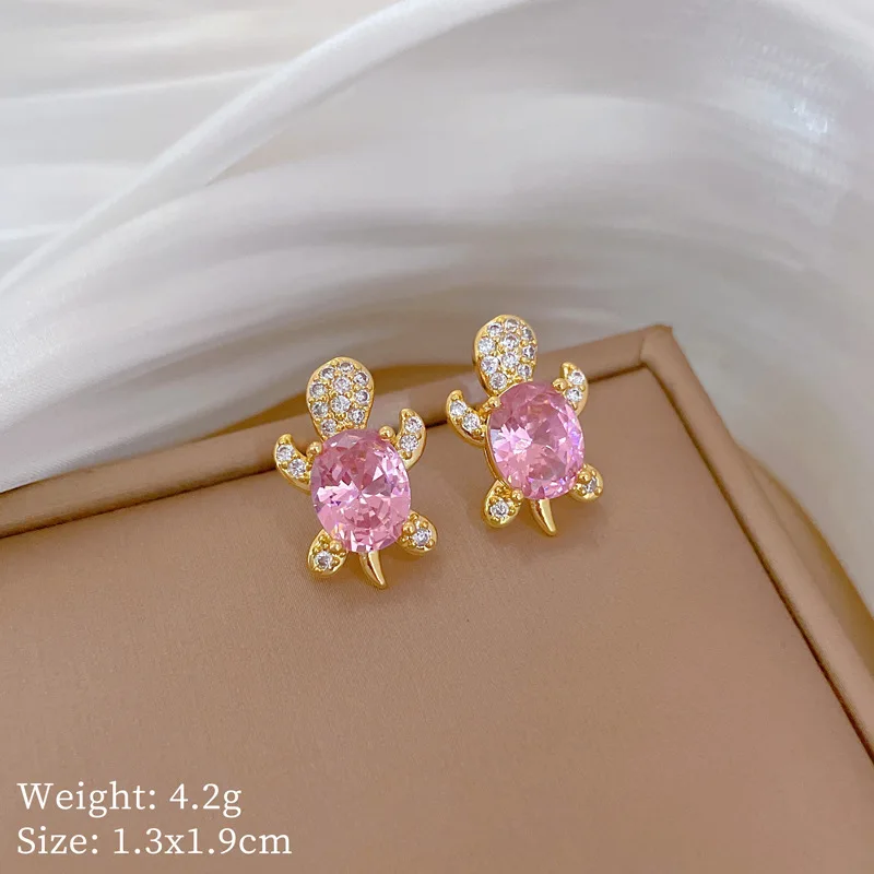 DIEYURO 316L Stainless Steel Pink Sweet Cute Animal Crystal Tortoise Necklace Earring Set Girl New Trend Non-fading Jewelry Gift