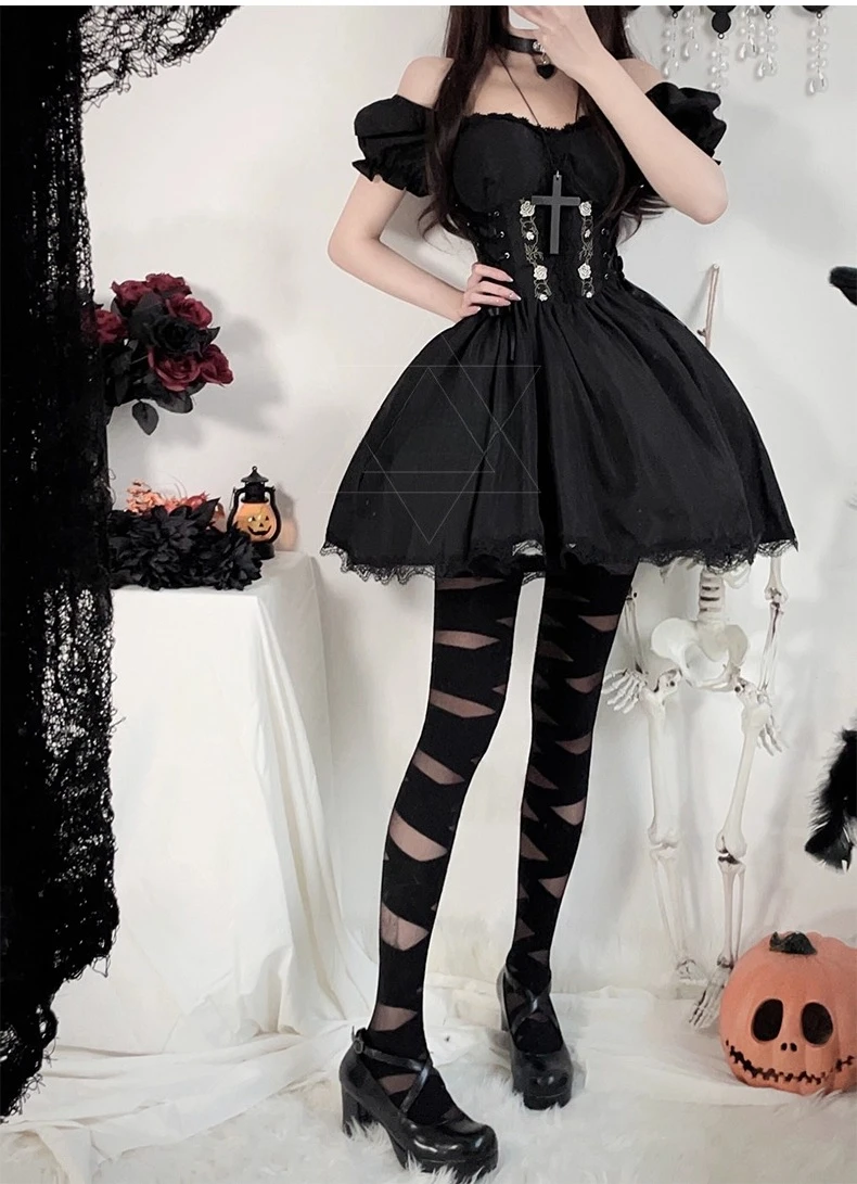 Summer New French Retro Gothic Dark Sweet Cool Halloween Black Dress Girl High Waist A-line Elegant Princess Party Short Dresses