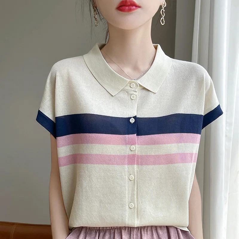 2024 Summer New polo Neck 100% Pure Wool Knitwear Women's Fashion Loose Striped Top