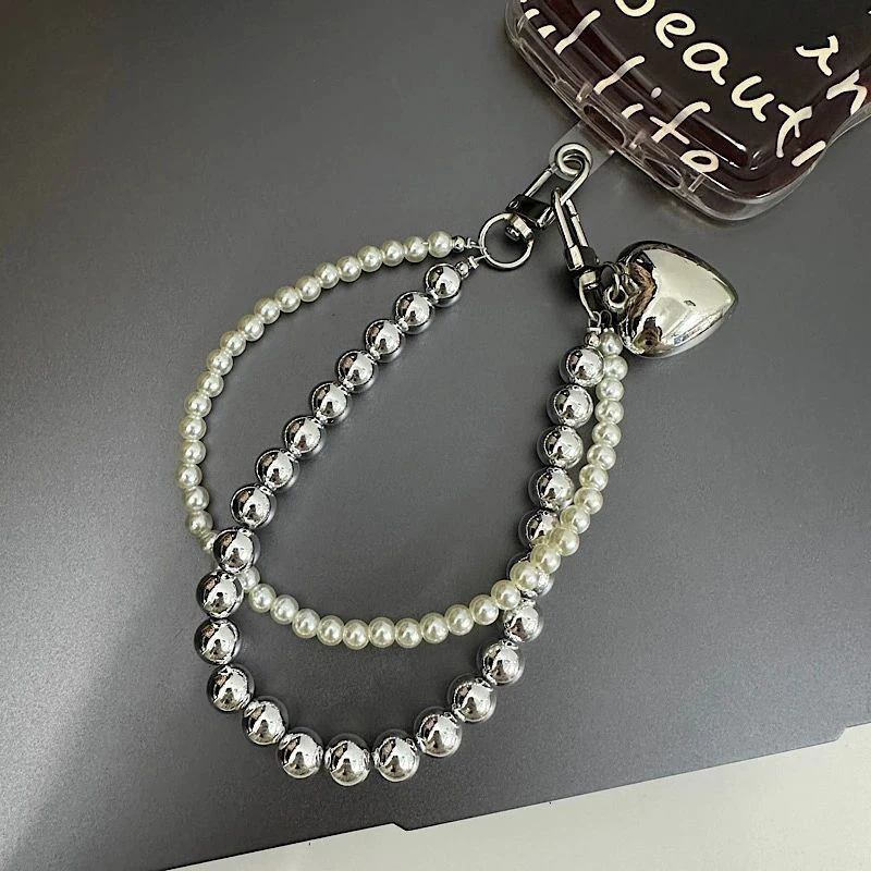 Luxury Pearl Beaded Love Charm Double Chain Mobile Phone Chain Cute Keychain Bag Pendant Camera Wrist Strap Anti-Lost Chain Gift