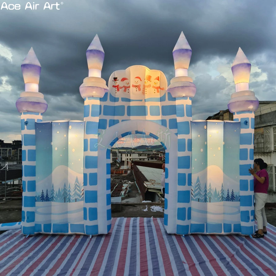

Ice and Snow World Inflatable Castle Arch with LEDs Blue Gate with Snowman Cartoon Can Add Logo for Party Entrance Decor