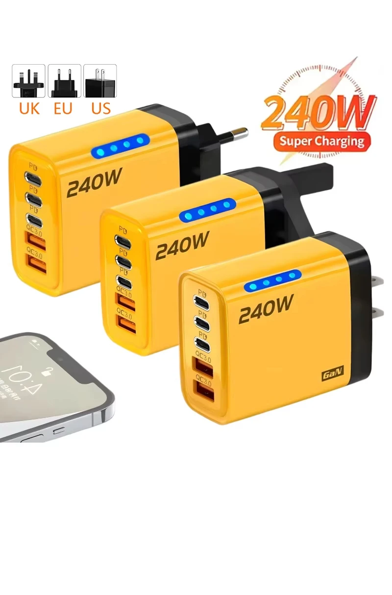240W Fast Charger With LED Light 2USB+3Type-C 5 In 1 Multi Port Phone Charger Compatible Multiple Models UK EU US Type Cables