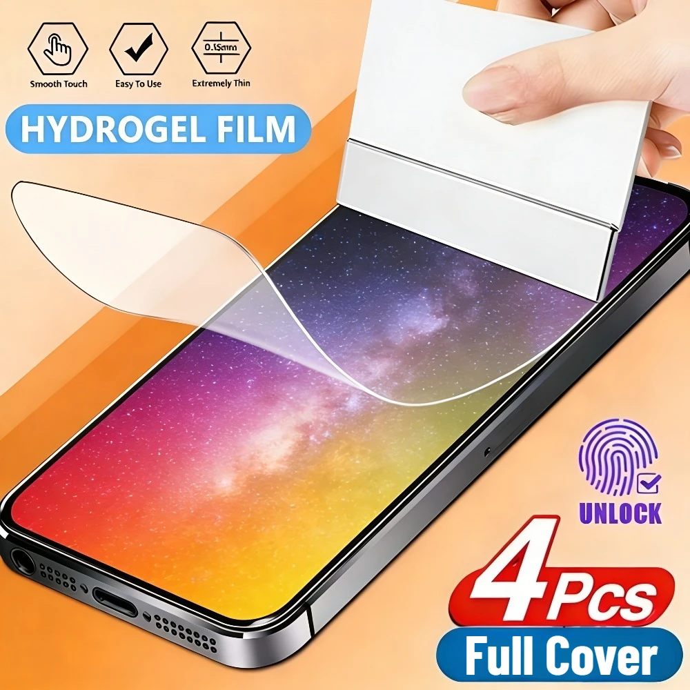 

4Pcs Full Cover HD Hydrogel Film for iPhone 17 16 15 14 Pro Max 17e 16 15 14 Plus Air 13 12 11 Pro Anti-Scratch Screen Protector