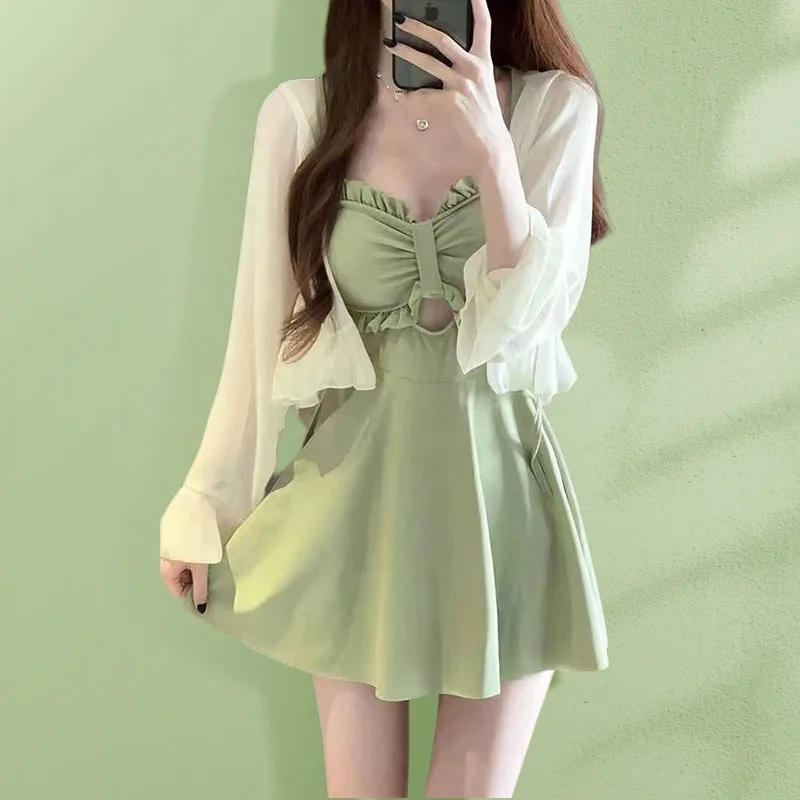 

Women's 2 Piece Swim Set, Light Green Ruffled Cutout Skirted Swimsuit With Sheer Long Sleeve Cover Up For Summer Beach Holiday