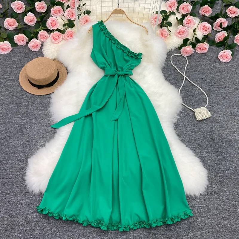 YuooMuoo ชุดสตรี 2024 แฟชั่นฤดูร้อนใหม่ Y2K One-Shoulder SASH BANDAGE PARTY ชุดยาว POP Streetwear ชุดชายหาด Vestido