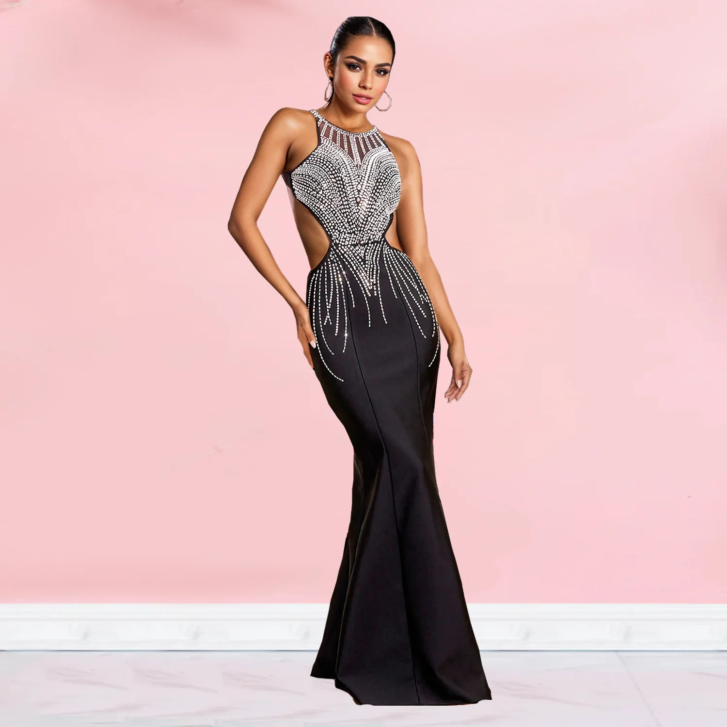 Solid Color Evening Dresses 2024 Sexy Backless Women's Clothing Slim Fit Sleeveless Hot Diamond Fish Tail Long Party Dress