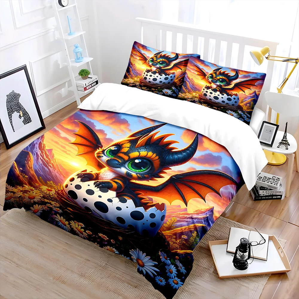 Adorable dragon hatching from egg Print Soft Comfortable Duvet Cover Bedding Set Included 1*Duvet Cover  2*Pillowcases