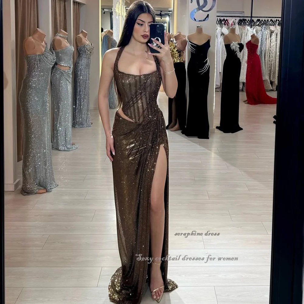 Vestidos de noite de renda brilhante para mulheres halter fenda lateral frisado vestido de festa cortar sexy cocktail vestido de baile personalizado vestidos longos