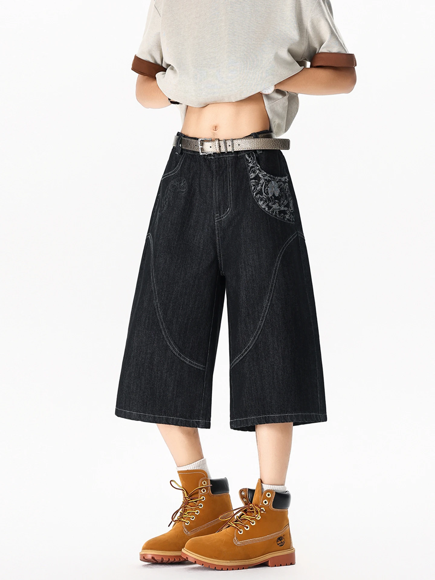 

Retro American Denim Embroidered Shorts Men Summer Trendy Patchwork Deconstructed Loose plus Size Wide Leg Seven-Foot Pants
