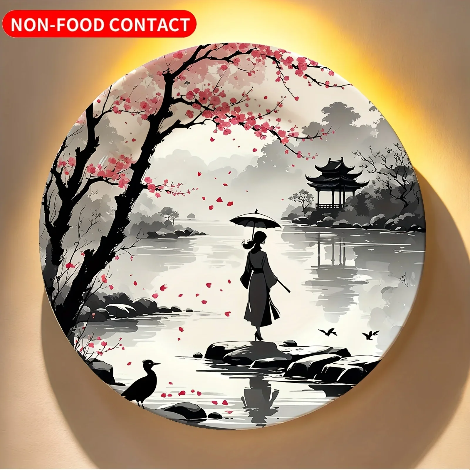 Single Decorative Plate with Umbrella Lady and Falling Flowers, Poetic and Elegant Jiangnan Style, Non-Food Contact Ceramic