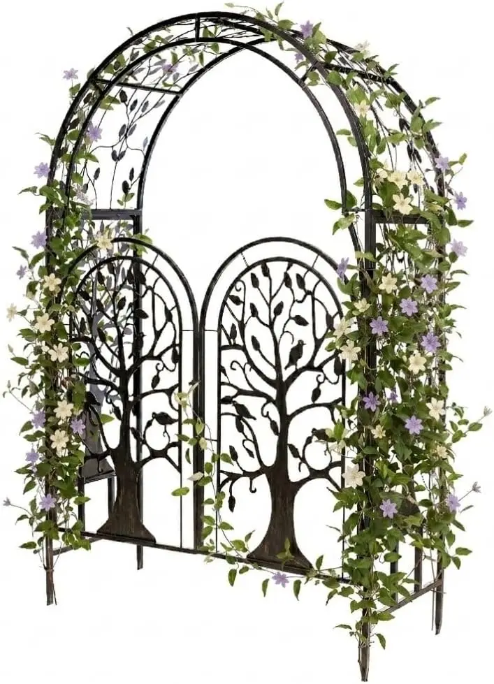 Metal Tree of Life Arched Garden Arbor with Gate | 7 feet Tall Laser-Cut Design | Plant Support for Heavy Vines | Landscape Foca
