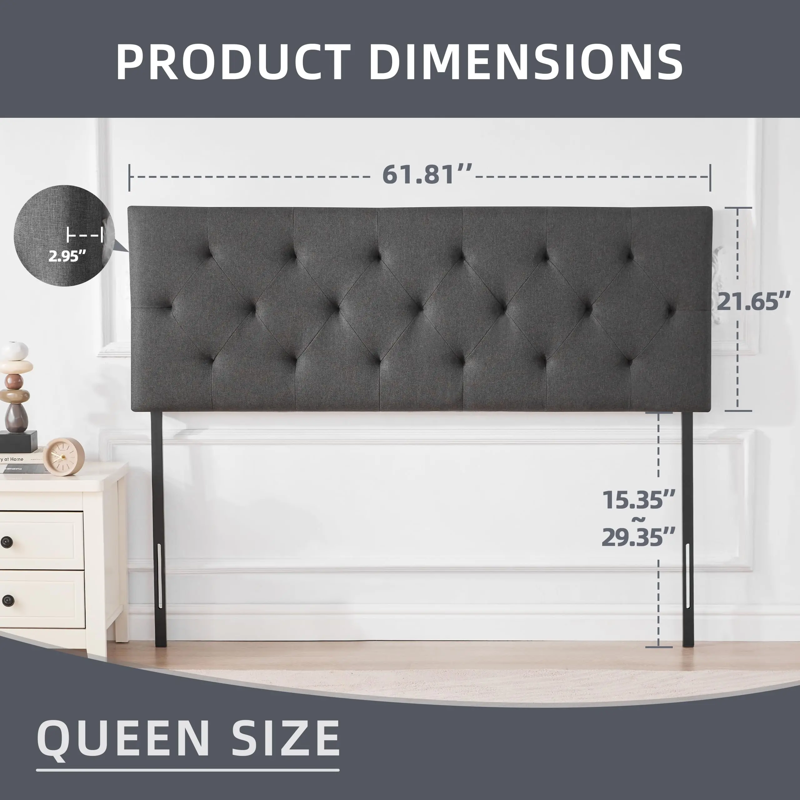 Linen Fabric Upholstered Headboard Queen Size, Modern Diamond Tufting Solid Wood Queen Headboard Only,Adjustable Height