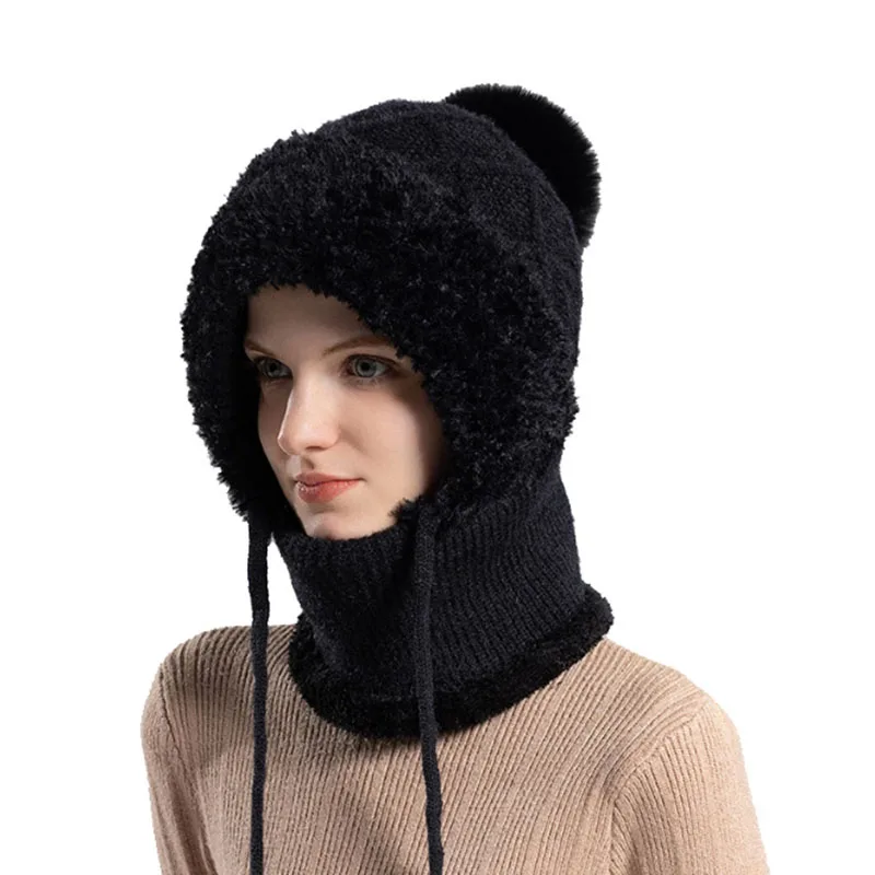 Winter Fur Cap Mask Set Hooded for Women Knitted Cashmere Neck Warm Balaclava Ski Windproof Hat Thick Plush Fluffy Beanies hood