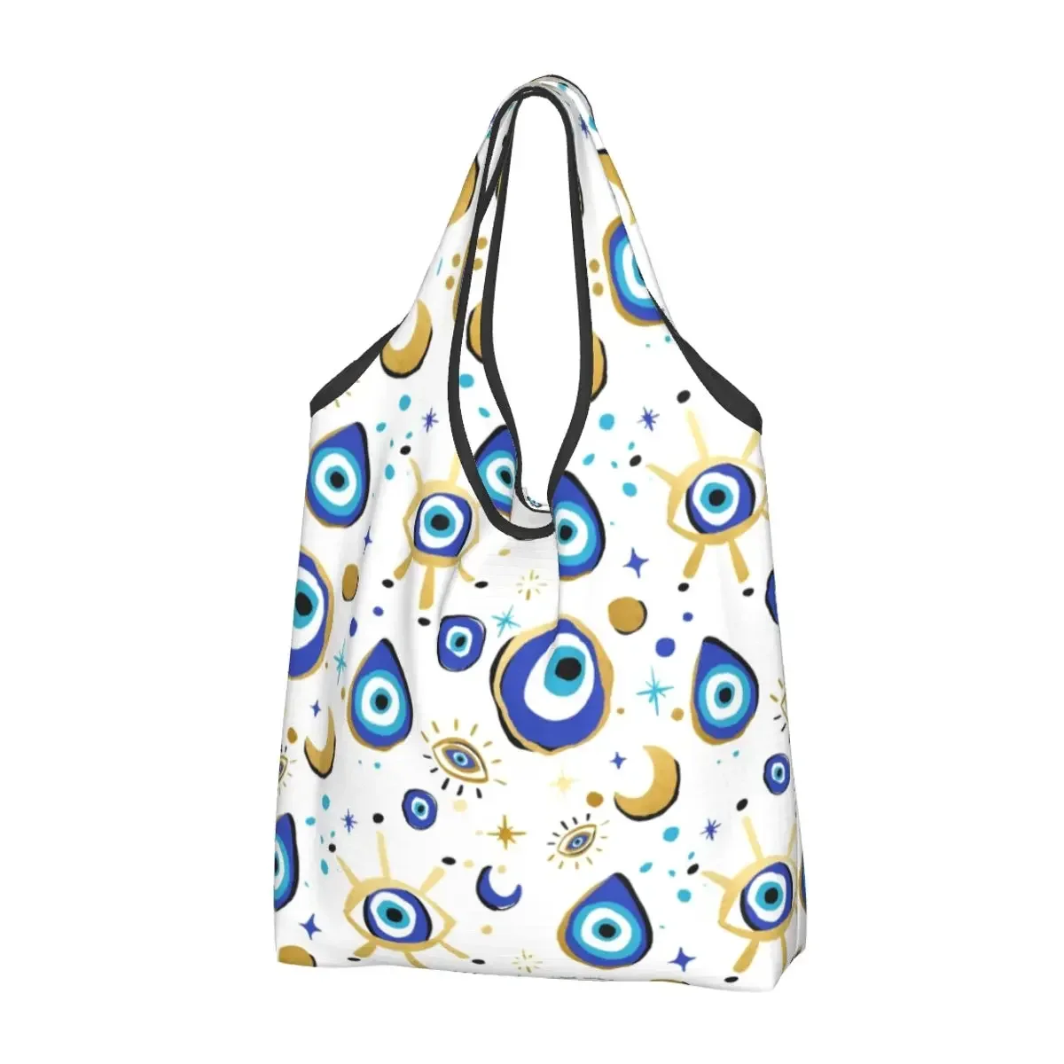 Mediterranean Blue And Gold Evil Eye Shopping Bags Women Portable Big Capacity Grocery Hamsa Nazar Amulet Boho Shopper Tote Bags