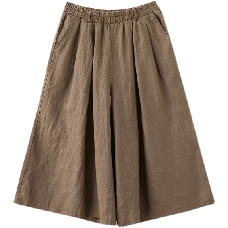 Pantaloni casual da donna vintage a gamba larga estivi stile giapponese tinta unita elastico in vita pantaloni semplici di base comodi al polpaccio