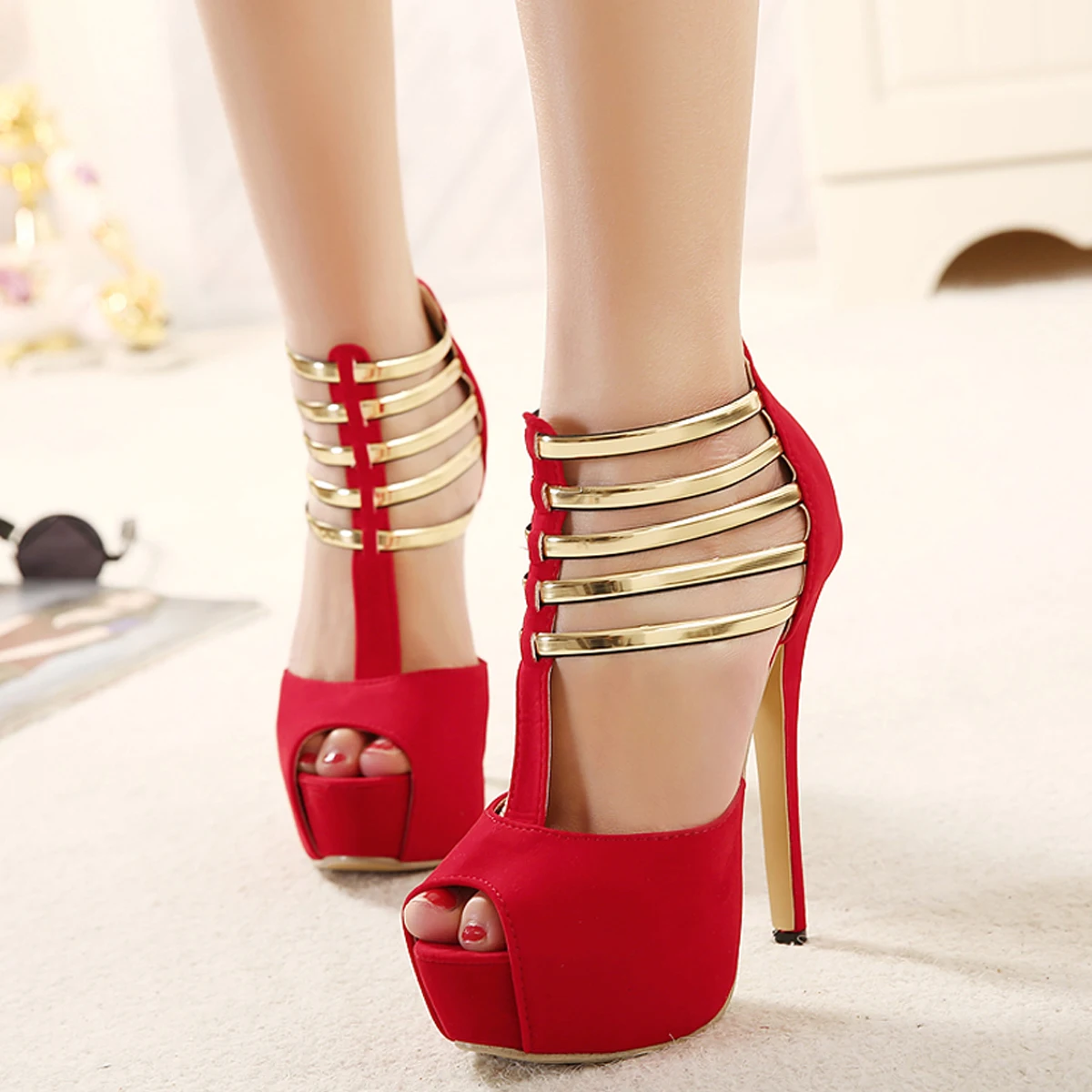 Women's Platform Sandals Zipper High Heels Metal Style Peep Toe Nightclub Party Dancing Shoes