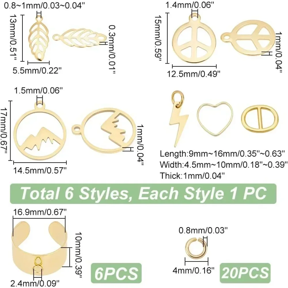 Charm Cuff Ring Making Kit Including Stainless Steel Open Ring Findings Heart Pendant Leaf Charms Lightning Peace Sign Charms