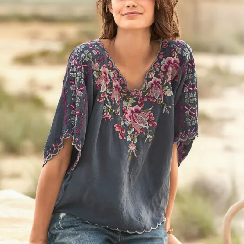 TEELYNN-Boho Blusa de Algodão Decote V para Mulheres, Camisas Soltas, Tops Casuais, Bordados Floral, Vintage, Senhoras, Outono