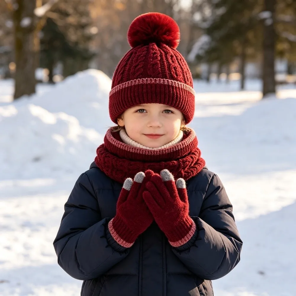 Stylish Thicken Knitted Hat Set Knitted Toddler Winter Hat Windproof Three Piece Set Winter Hat Scarf Gloves For Toddlers