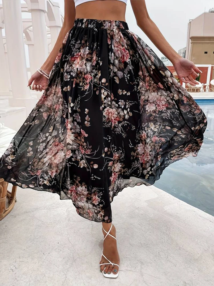

Black background pink flower large swing flower print flowing long skirt, half body skirt high waist design, showing height