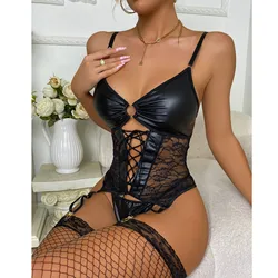 Lingerie For Women 3 PC Leather Teddy Bodysuit Lingerie Sexy Cutout Off Shoulder Conjoined PU Lace Up Garter Teddy Bodysuit