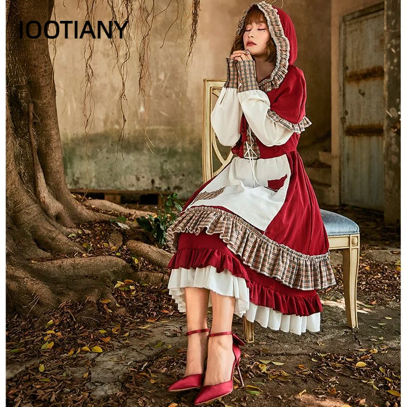 IOOTIANY Lace Patch Lolita Little Red Riding Hood Long Dress Cosplay Costume Suit With Cape for Girls Woman Party Costumes 2024