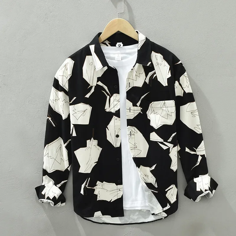Japanese Fashion Streetwear Printed Shirt Men Loose Shirts Casual 100% Cotton Mens Long Sleeve Shirts Youth Personalized Tops