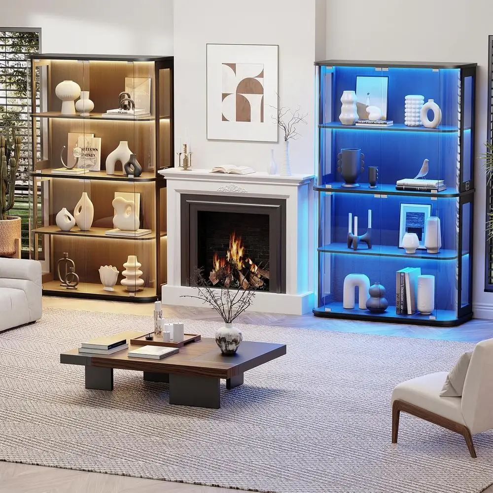 Large Rounded Display Cabinet with Glass Door, 4-Tier Curio Cabinet with 3 Color Lights or Collectibles, Glass Display Case with view 6