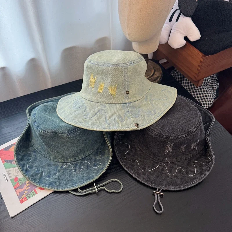 Cowboy Hiking Bucket Hat with String Men Denim Beach Sun Hat for Women Outdoor Couple Bob Panama Summer Fisherman Hat