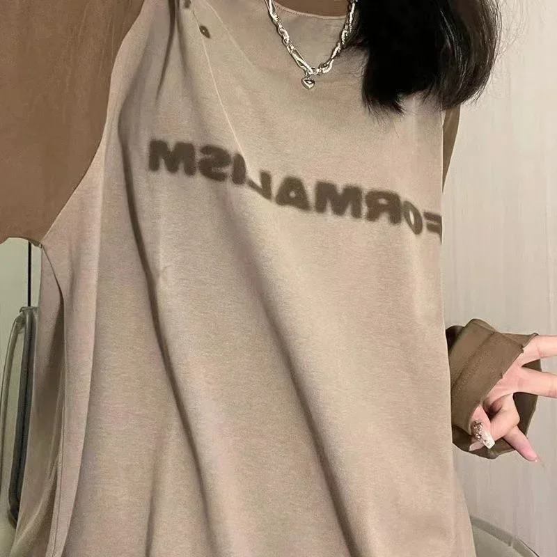 Oversized T Shirt Contrast Color O-neck Print Long Sleeve T-shirt Clothes Teens Y2k Clothes Harajuku Casual Korean Woman Tshirt