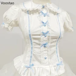 Camicia Lolita Donna Stile Preppy Camicette sottili con fiocco Carino Colletto alla Peter Pan Volant in pizzo Camicie JK Ragazza Manica a sbuffo Blusas Mujer Top