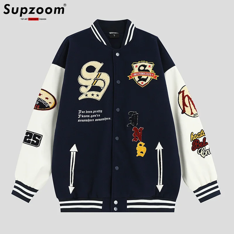 

Supzoom Новое поступление с буквенным рукавом в рубчик, осенне-зимний топ, модный повседневный свободный кардиган с вышивкой, пальто-бомбер, бейсбольная куртка