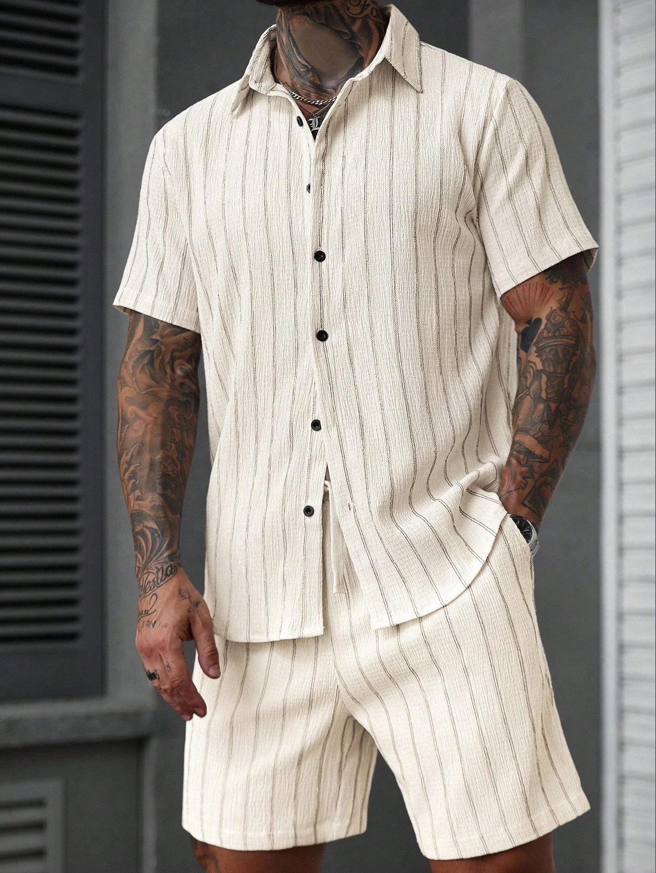 

Men's Striped Short Sleeve Shirt And Shorts 2 Piece Casual Set Summer