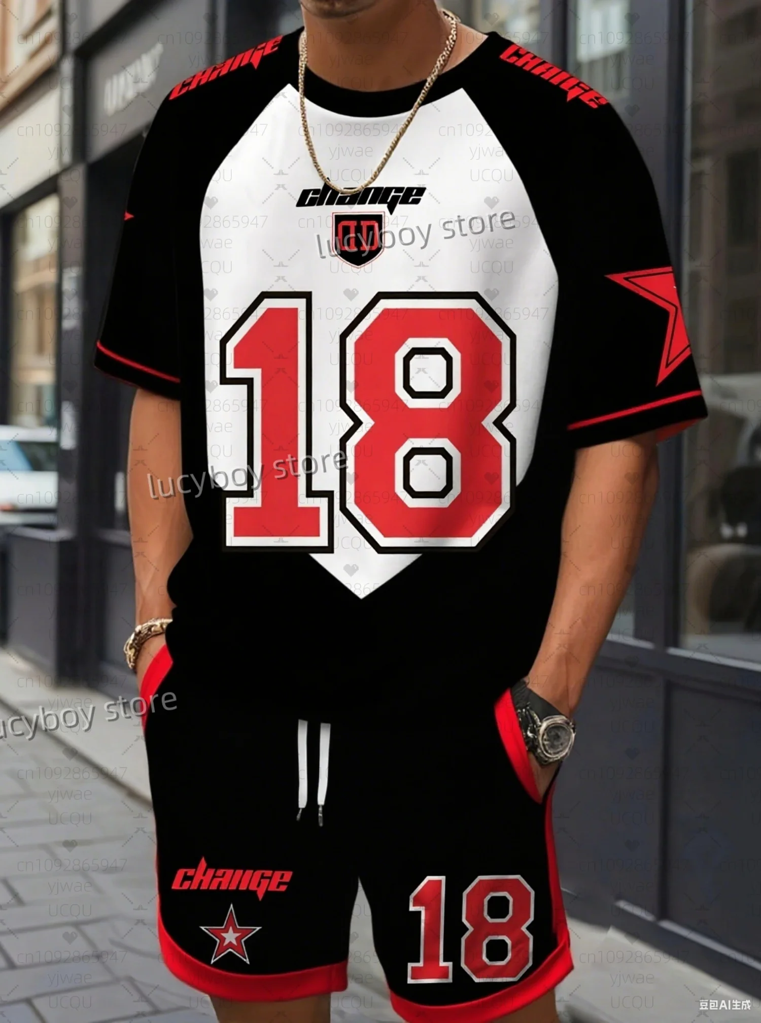 Hot Sell Men challenge no.18 Print  Short Sleeve graphic T-Shirt Shorts Set Adult  Jogging Plus Size Tracksuit 2 Piece Set