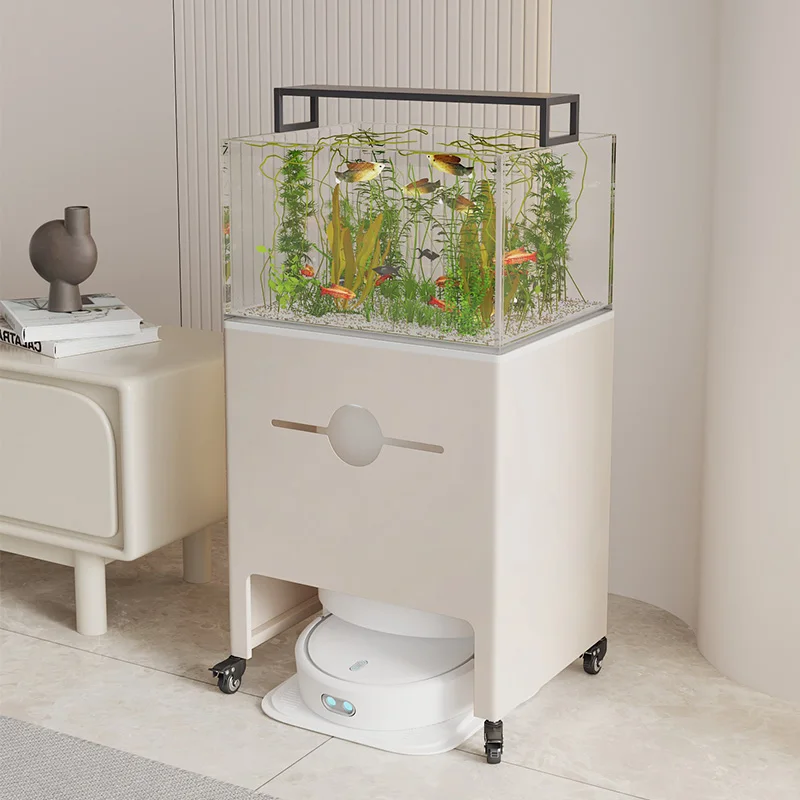 

Cream wind sweeping robot, shelf storage cabinet above the base station, fish tank rack with wheel sweeper, rock slab edge