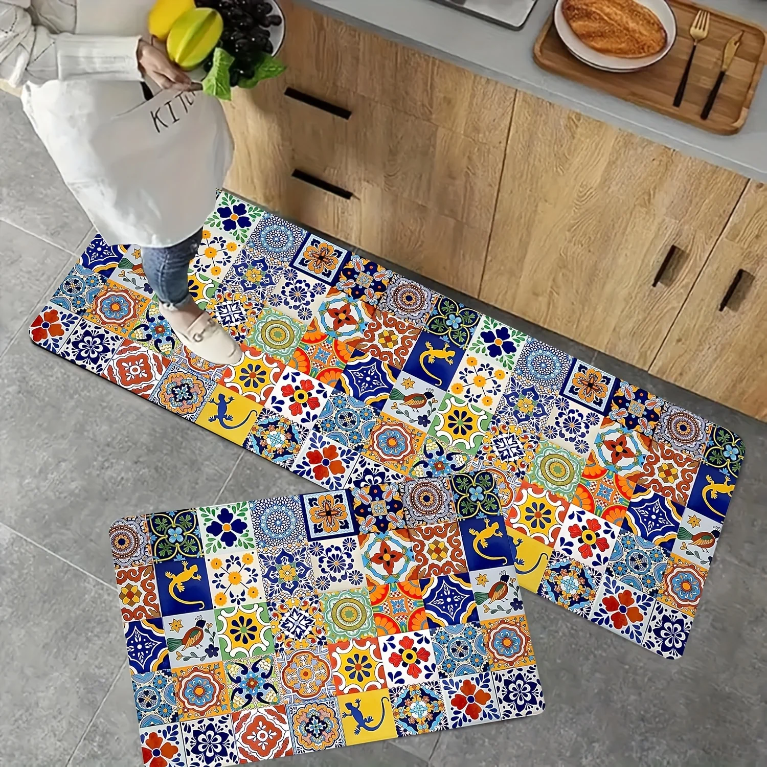 Bohemian Floral Tile Printed Carpet Kitchen Runner Rug Colorful Farmhouse Bedroom Entrance Decoration Carpet