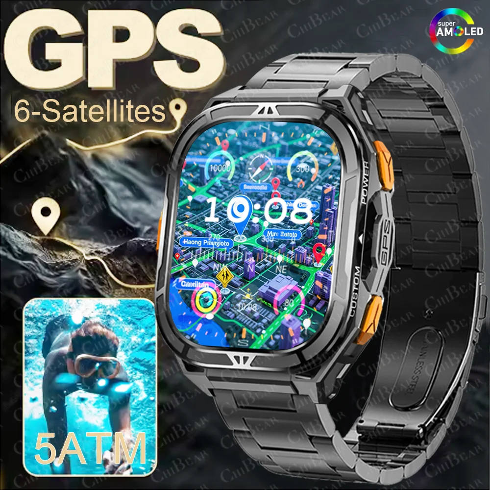 

Новые умные часы с GPS Track для мужчин, 5 атм, водонепроницаемые, 1,96 дюйма, AMOLED, всегда дисплей, компас, пульс, 530 мАч, аккумулятор, BT Call, умные часы