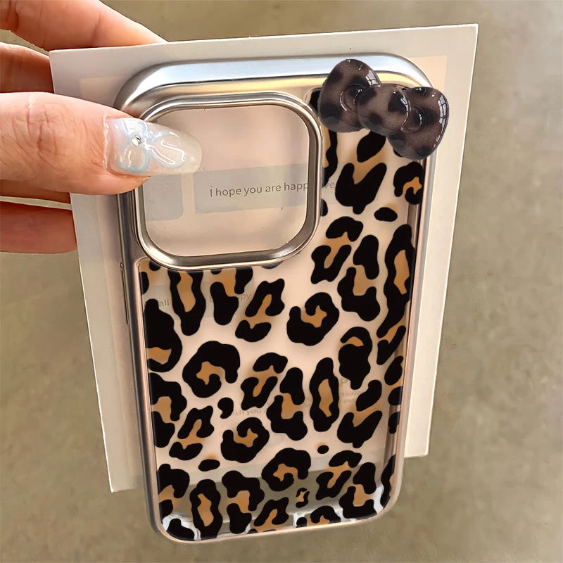 

Корейский чехол для телефона с гальваническим покрытием и леопардовым принтом и бантом для iPhone 17AIR 16E 15 14 13 12 11 Pro XS Max Advanced Minimalist Cover