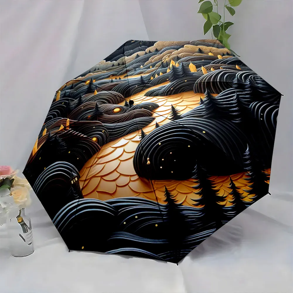 Golden Night Landscape with Hills and Forest Patterns portable waterproof sun rain umbrella for outdoor travel beach