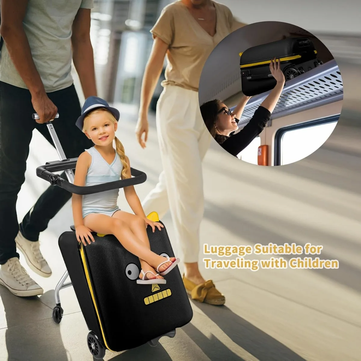 Ride on Suitcase for Kids, 20'' Carry on Luggage with Child Seat Design, Kids Carry on Luggage with Wheels, Equipped